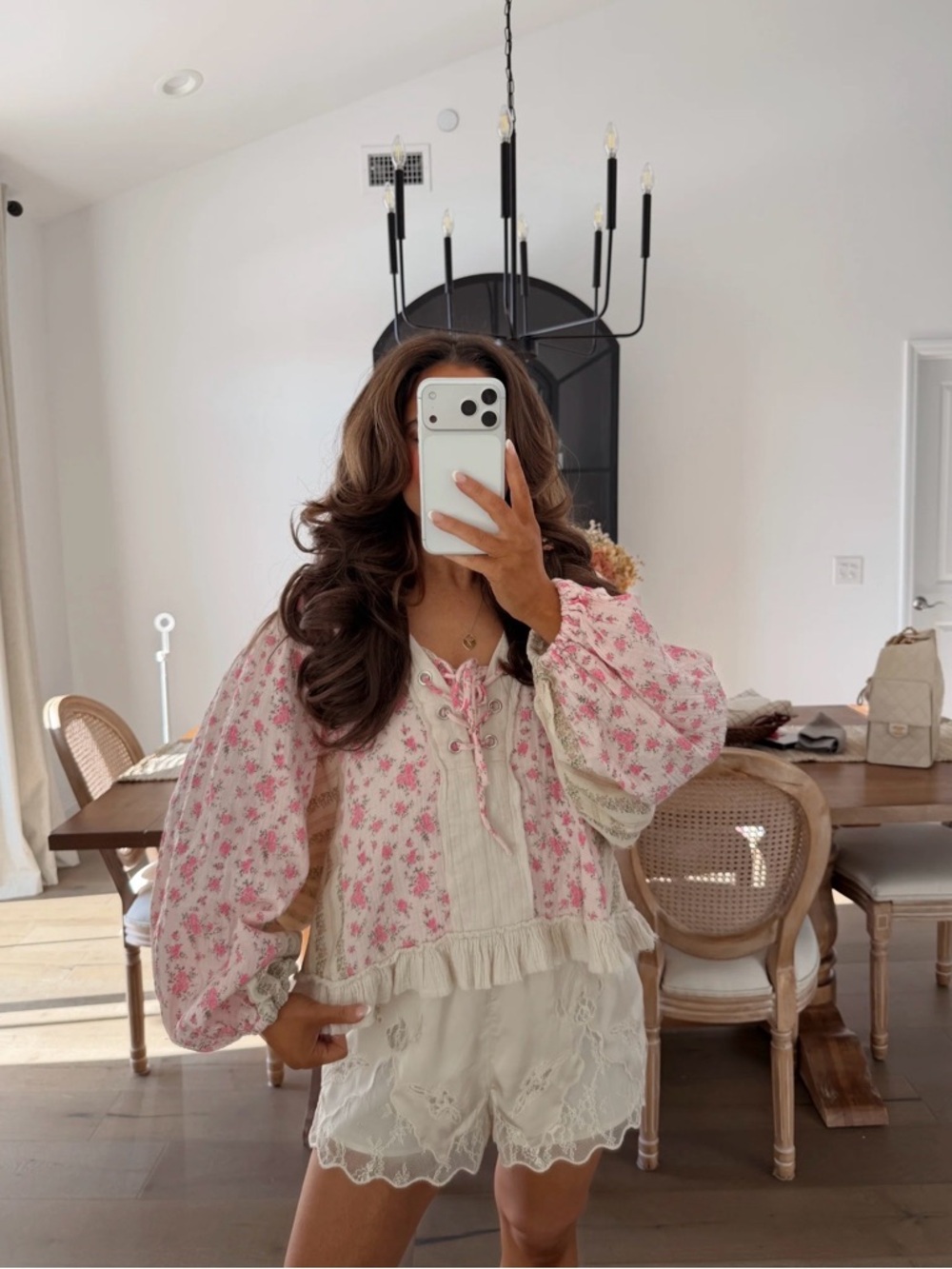 POL Pink Floral Lace-Up Peasant Blouse - Picture 2 of 2